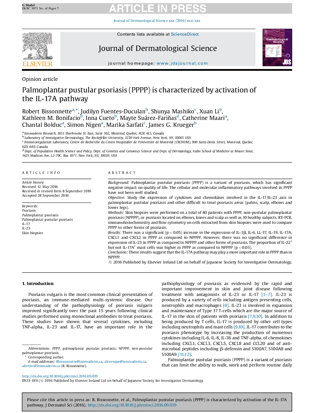 Palmoplantar pustular psoriasis (PPPP) is characterized by activation of the IL-17A pathway