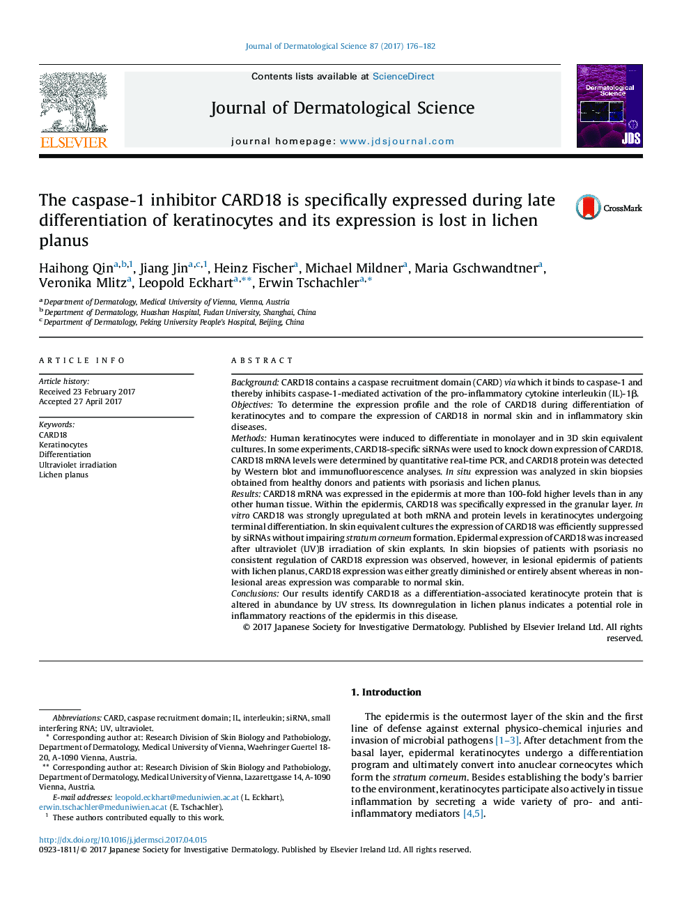The caspase-1 inhibitor CARD18 is specifically expressed during late differentiation of keratinocytes and its expression is lost in lichen planus
