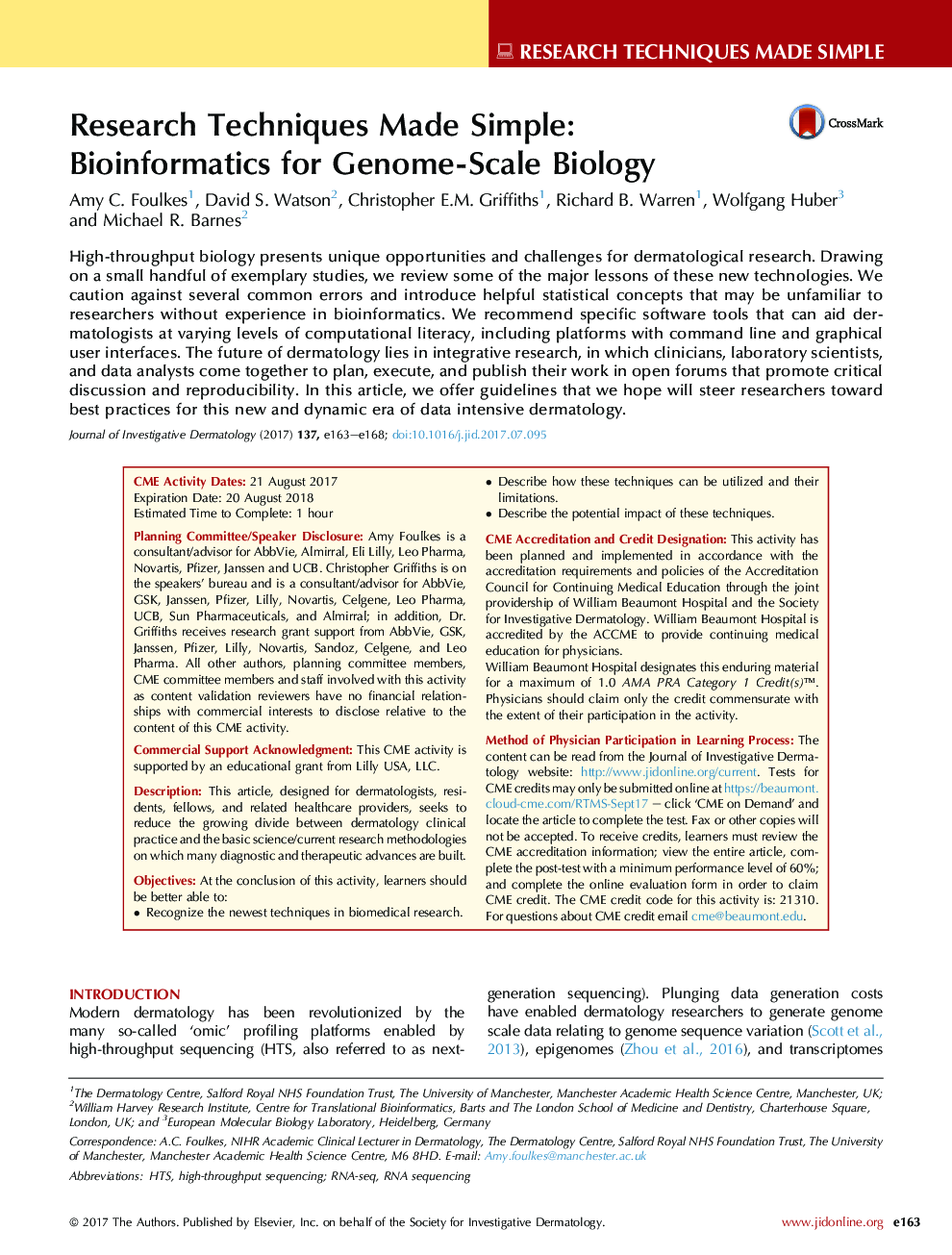 Research Techniques Made Simple: Bioinformatics for Genome-Scale Biology