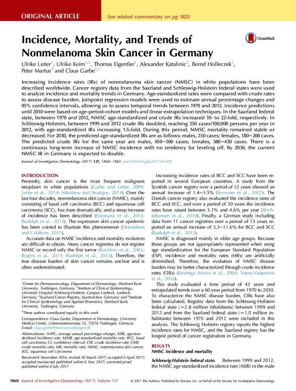 بروز، مرگ و میر و روند سرطان پوست غیر ملانوم در آلمان 