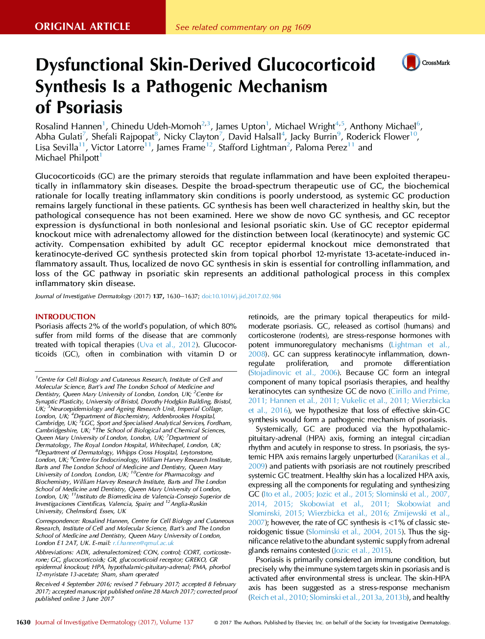 Dysfunctional Skin-Derived Glucocorticoid Synthesis Is a Pathogenic Mechanism ofÂ Psoriasis