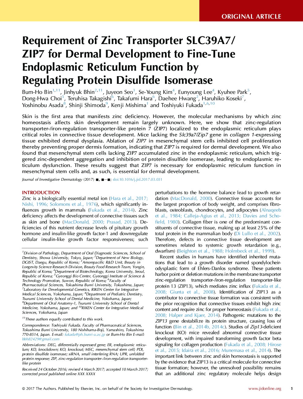 Requirement of Zinc Transporter SLC39A7/ZIP7 for Dermal Development to Fine-Tune Endoplasmic Reticulum Function by Regulating Protein Disulfide Isomerase