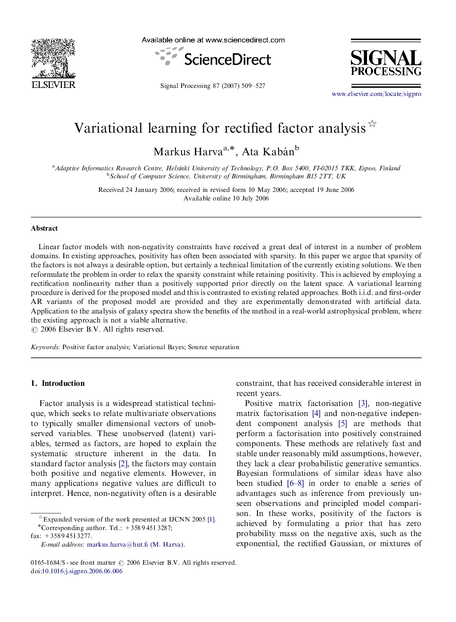 Variational learning for rectified factor analysis 