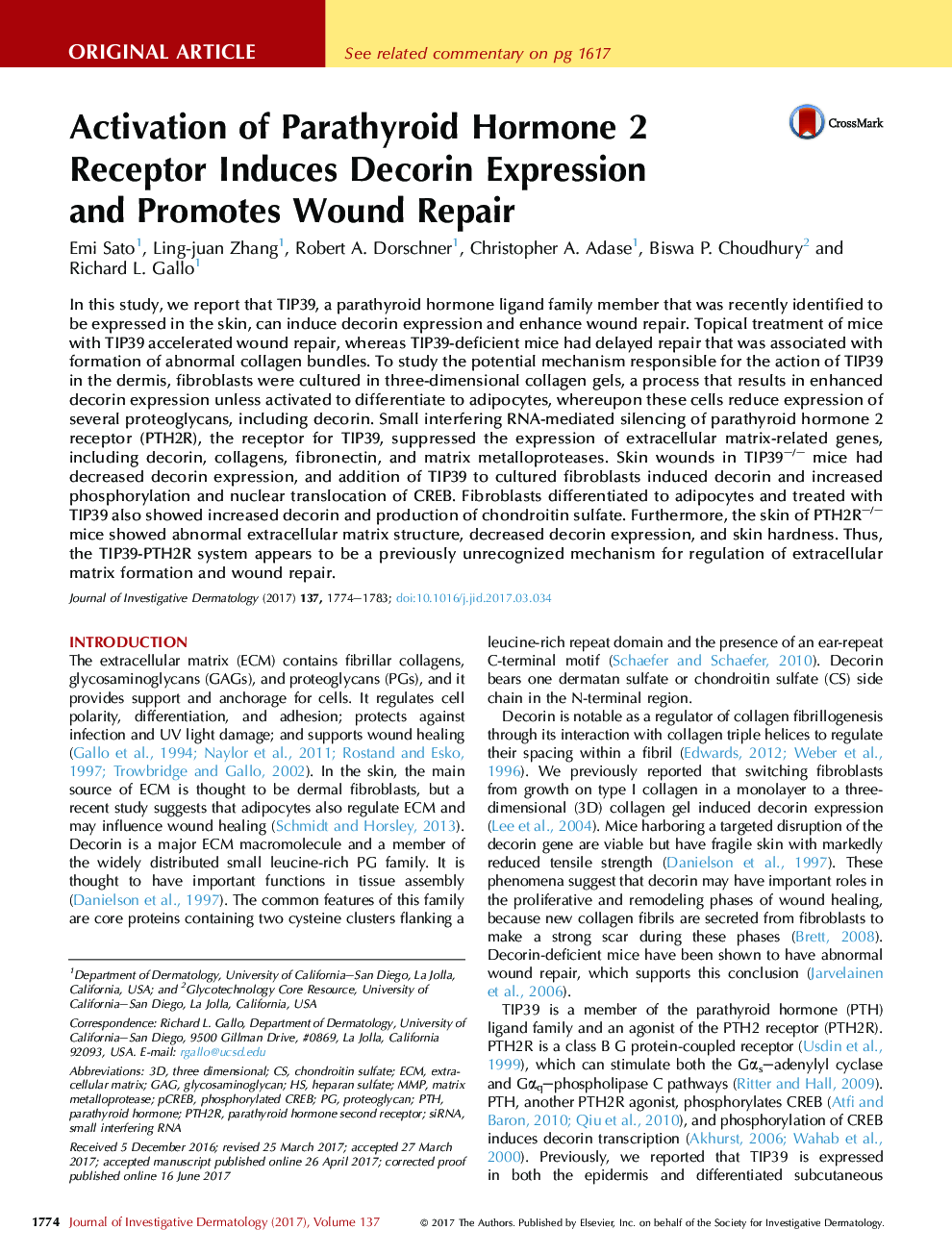 Activation of Parathyroid Hormone 2 Receptor Induces Decorin Expression andÂ Promotes Wound Repair