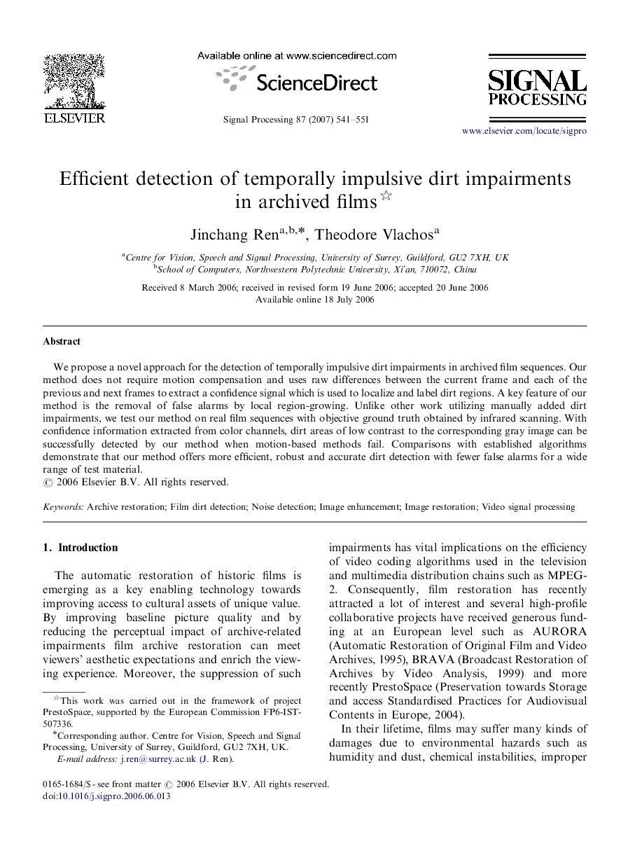 Efficient detection of temporally impulsive dirt impairments in archived films 