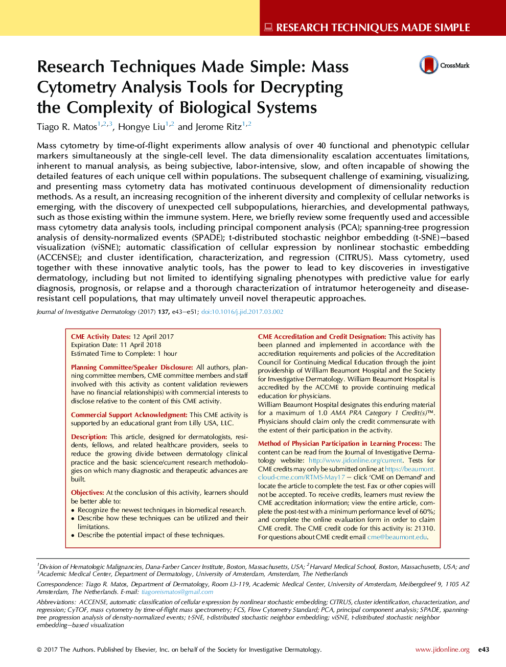 Research Techniques Made Simple: Mass CytometryÂ Analysis Tools for Decrypting theÂ ComplexityÂ of Biological Systems