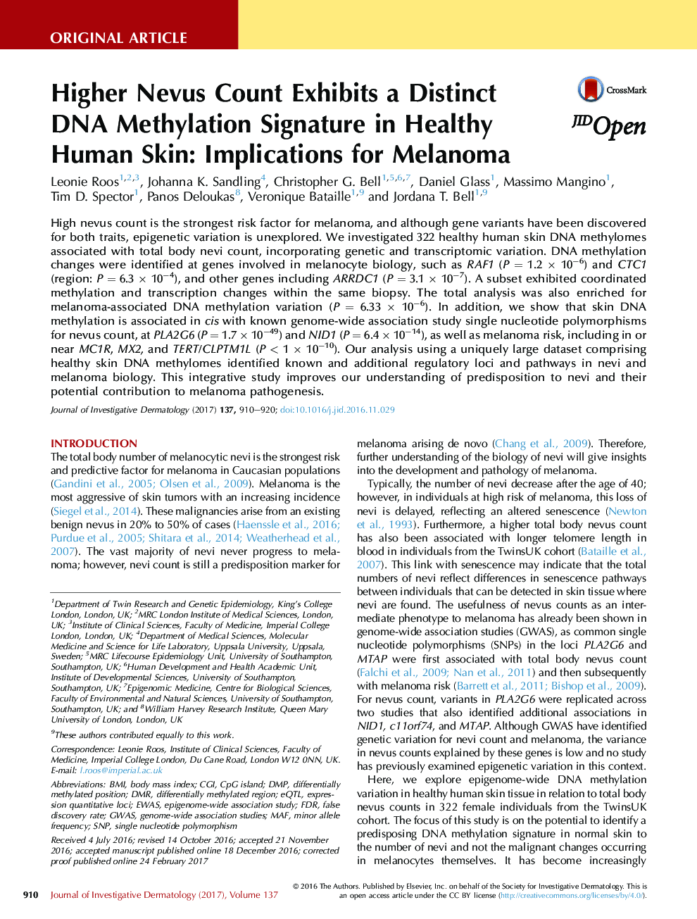 Higher Nevus Count Exhibits a Distinct DNA Methylation Signature in Healthy Human Skin: Implications for Melanoma