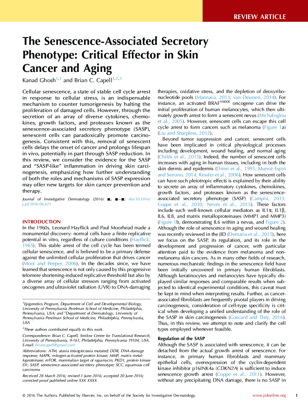 The Senescence-Associated Secretory Phenotype: Critical Effector in Skin CancerÂ and Aging