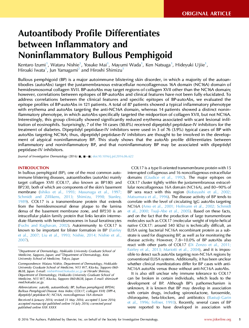 Autoantibody Profile Differentiates between Inflammatory and Noninflammatory Bullous Pemphigoid