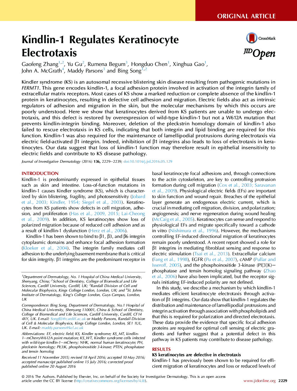 Kindlin-1 Regulates Keratinocyte Electrotaxis