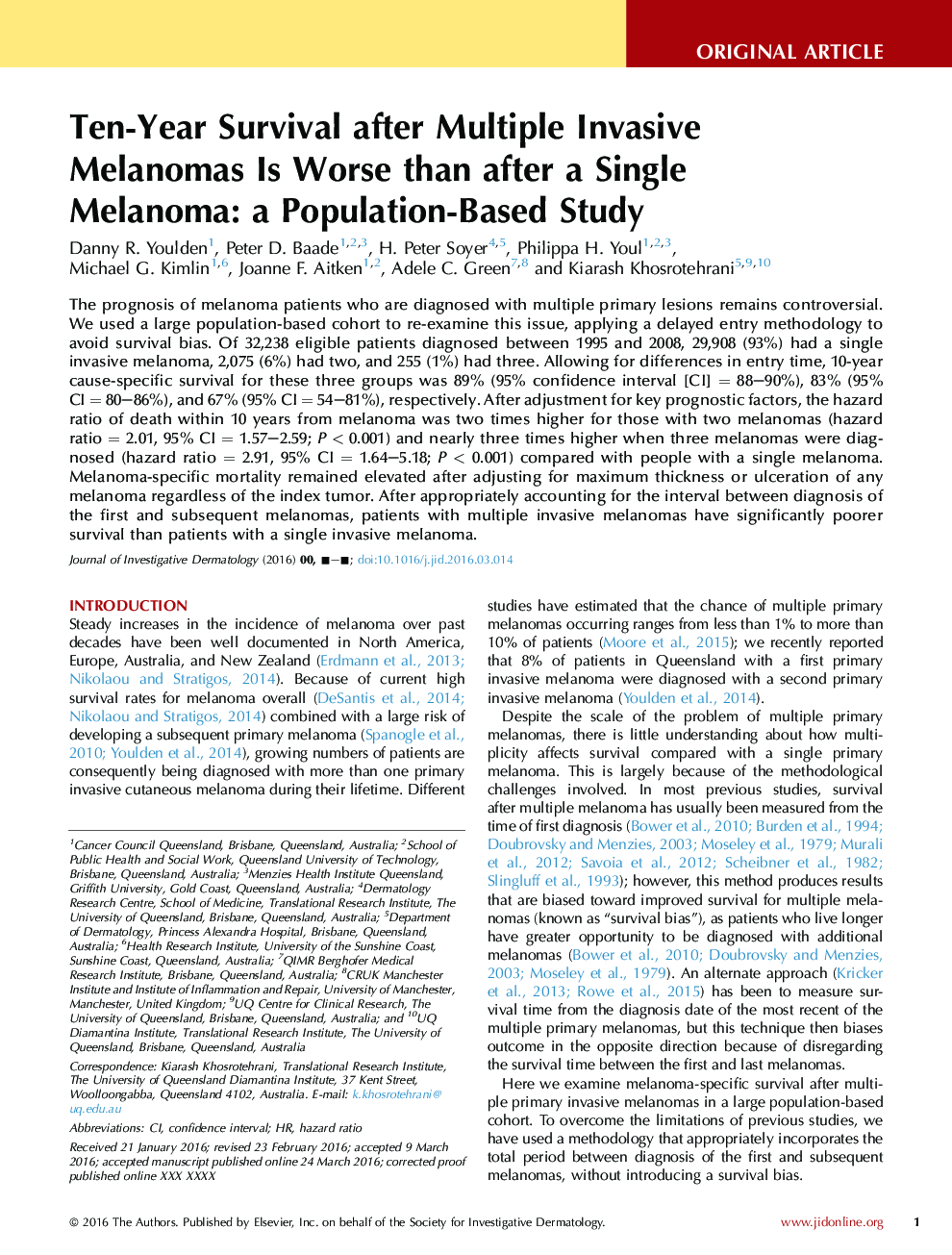 Ten-Year Survival after Multiple Invasive Melanomas Is Worse than after a Single Melanoma: a Population-Based Study