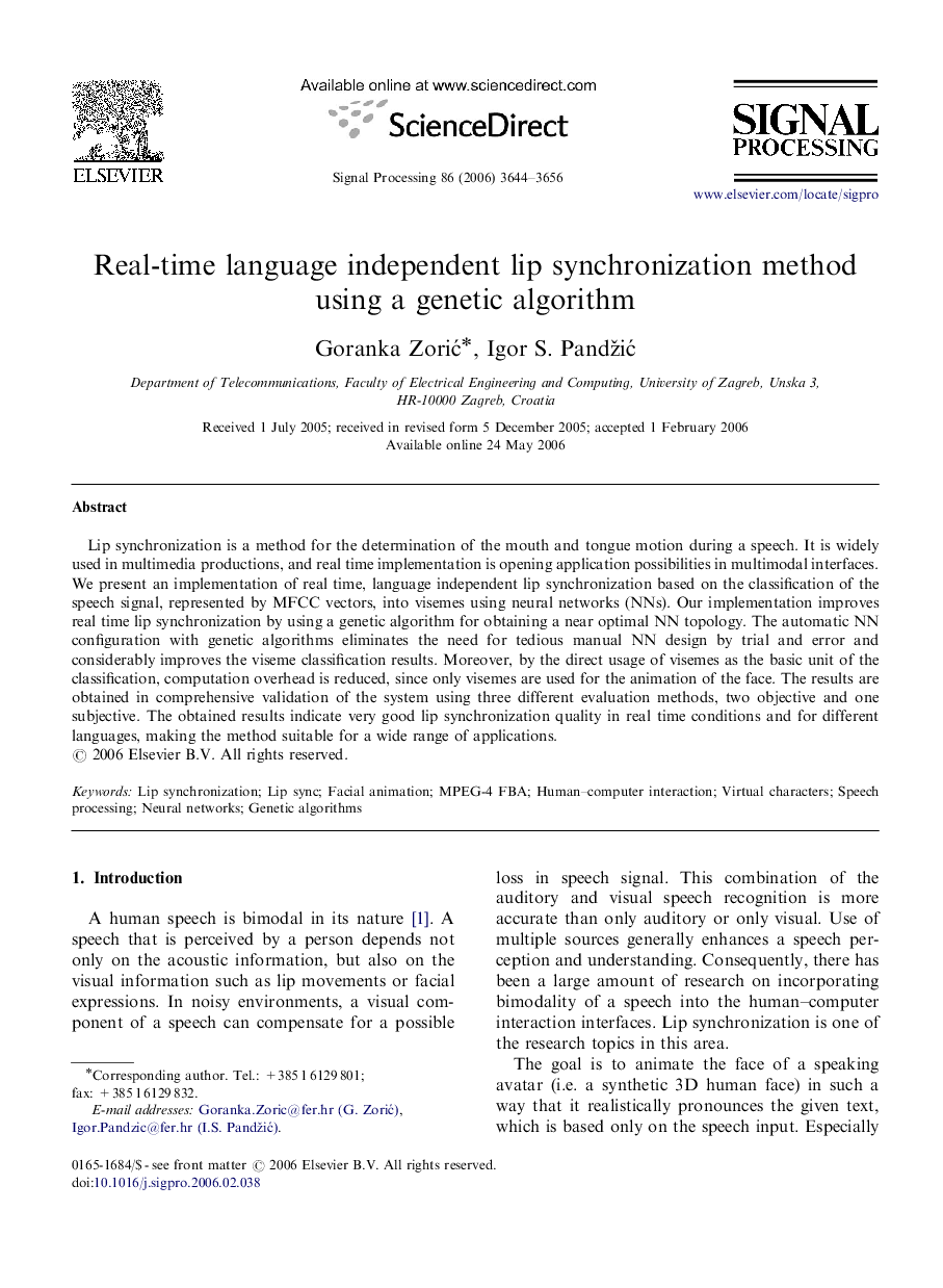 Real-time language independent lip synchronization method using a genetic algorithm