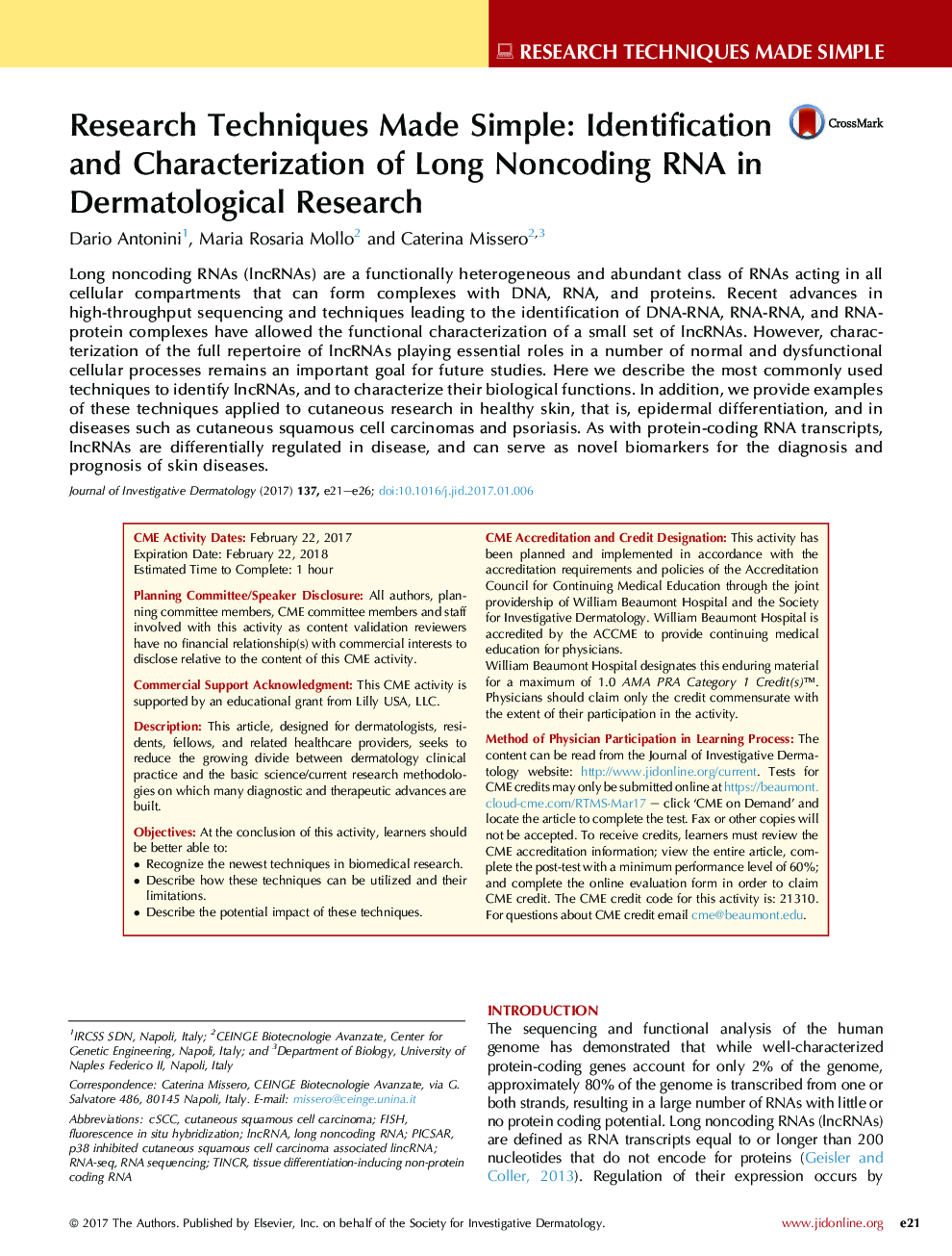 Research Techniques Made Simple: Identification and Characterization of Long Noncoding RNA in Dermatological Research