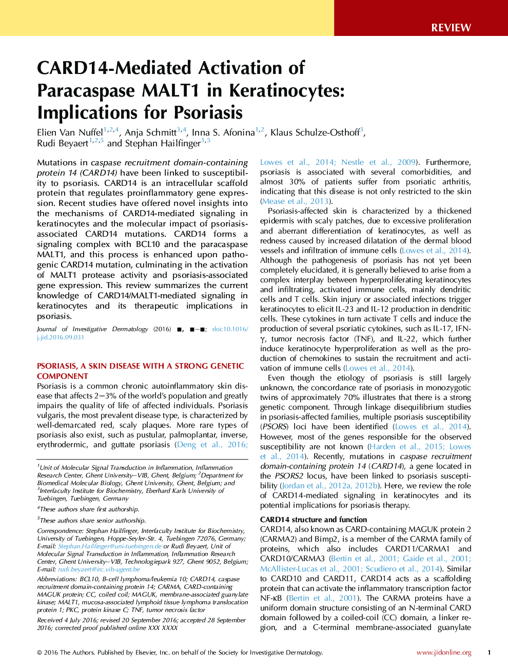 CARD14-Mediated Activation of Paracaspase MALT1 in Keratinocytes: Implications for Psoriasis