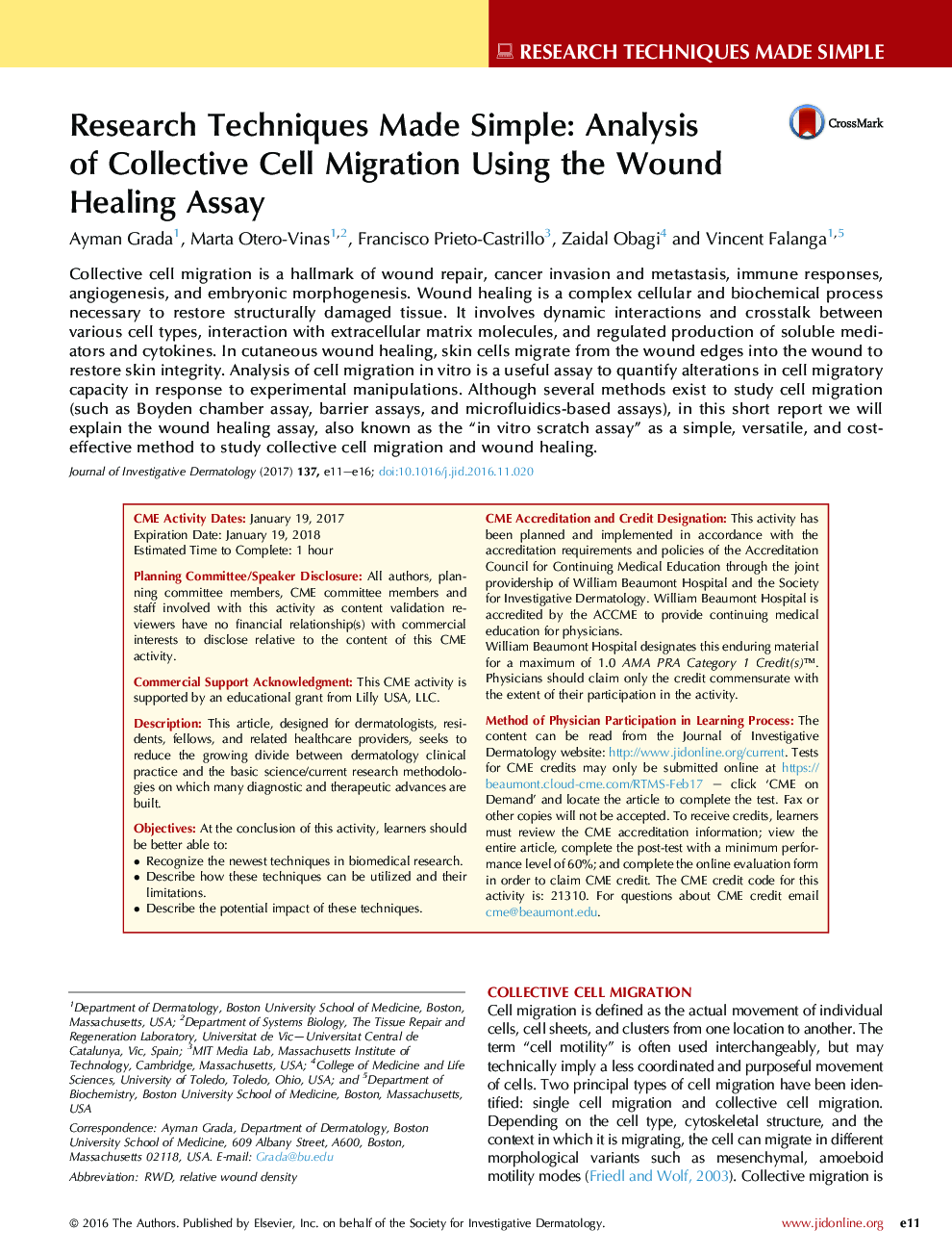 Research Techniques Made Simple: Analysis of Collective Cell Migration Using the Wound Healing Assay