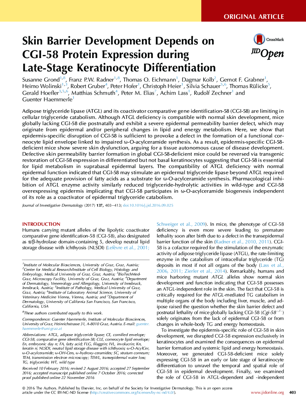 Skin Barrier Development Depends on CGI-58 Protein Expression during Late-Stage Keratinocyte Differentiation