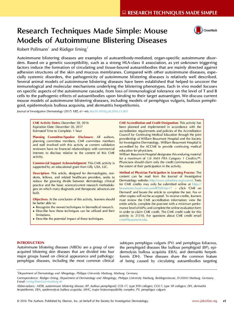 Research Techniques Made Simple: Mouse Models ofÂ Autoimmune Blistering Diseases