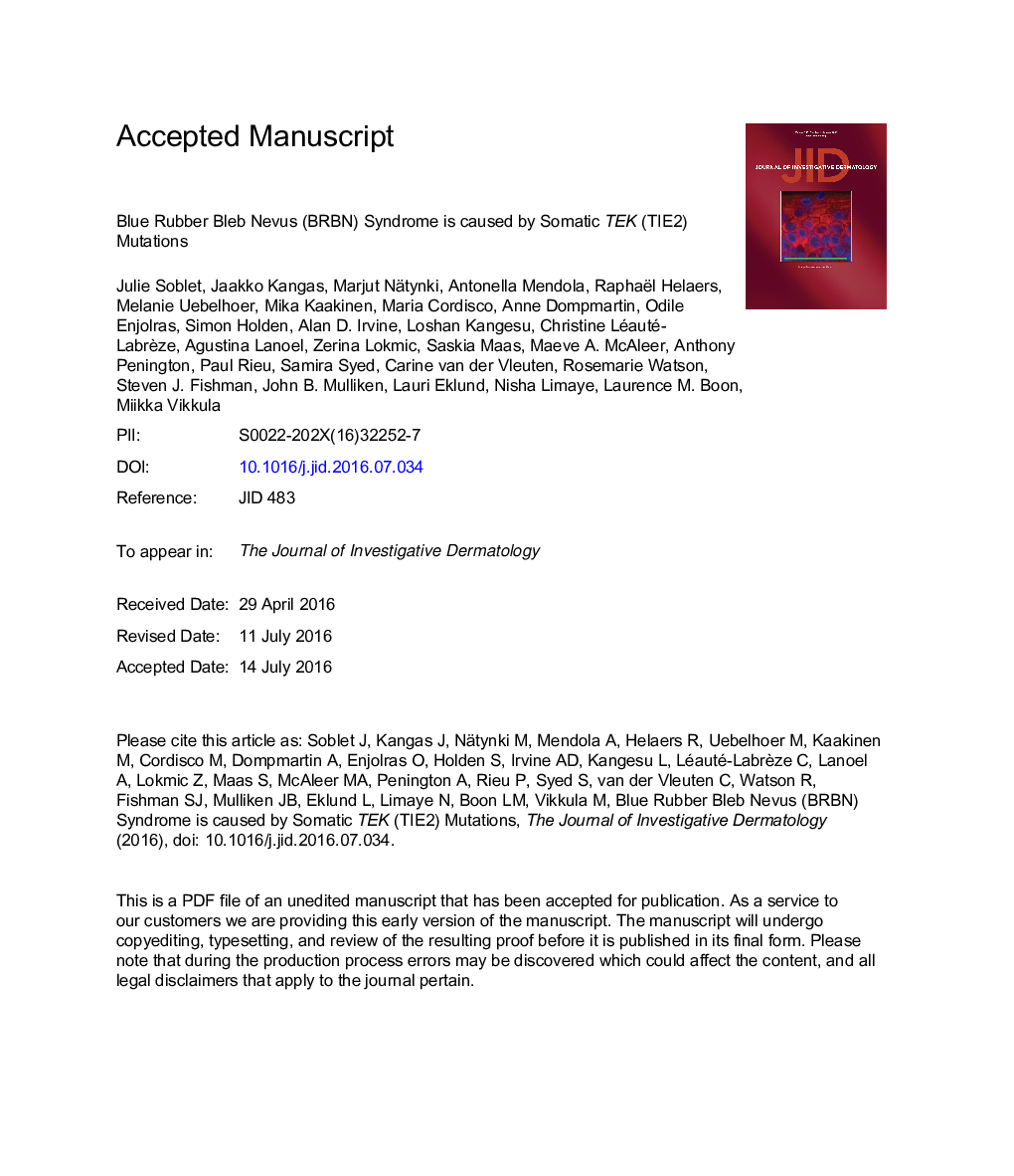 Blue Rubber Bleb Nevus (BRBN) Syndrome Is Caused by Somatic TEK (TIE2) Mutations