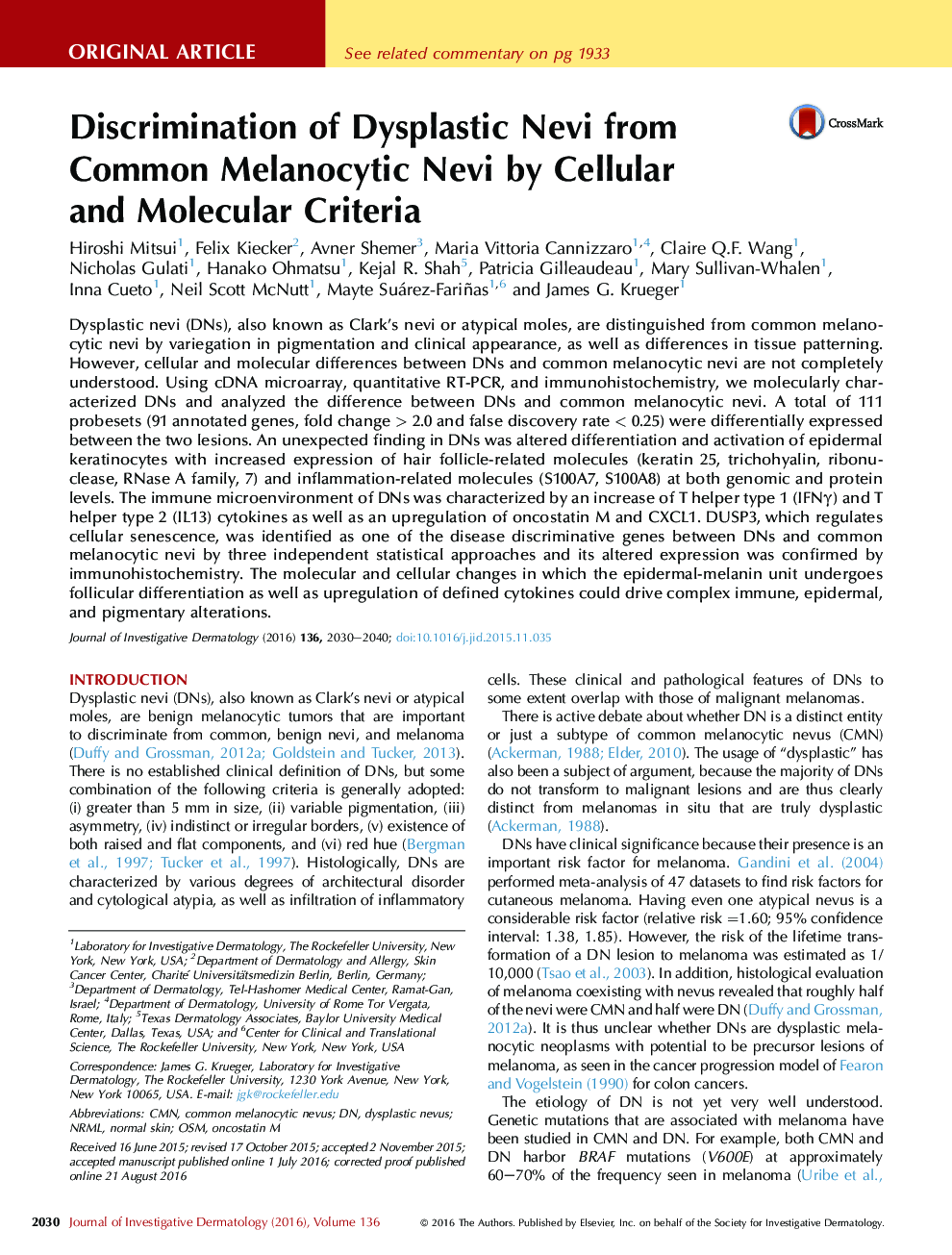 Discrimination of Dysplastic Nevi from Common Melanocytic Nevi by Cellular andÂ Molecular Criteria