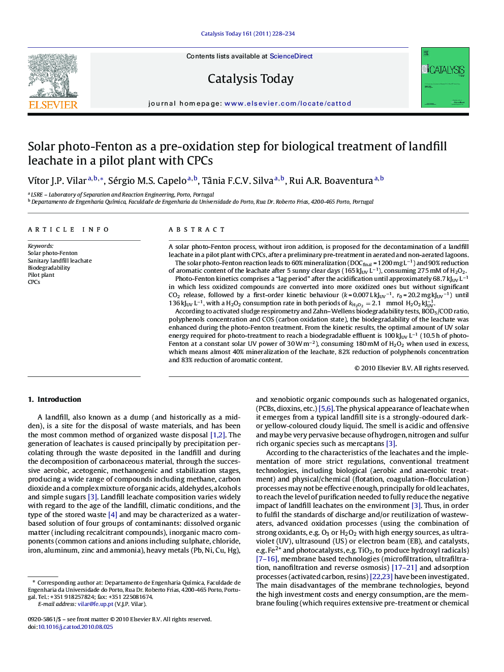 Solar photo-Fenton as a pre-oxidation step for biological treatment of landfill leachate in a pilot plant with CPCs