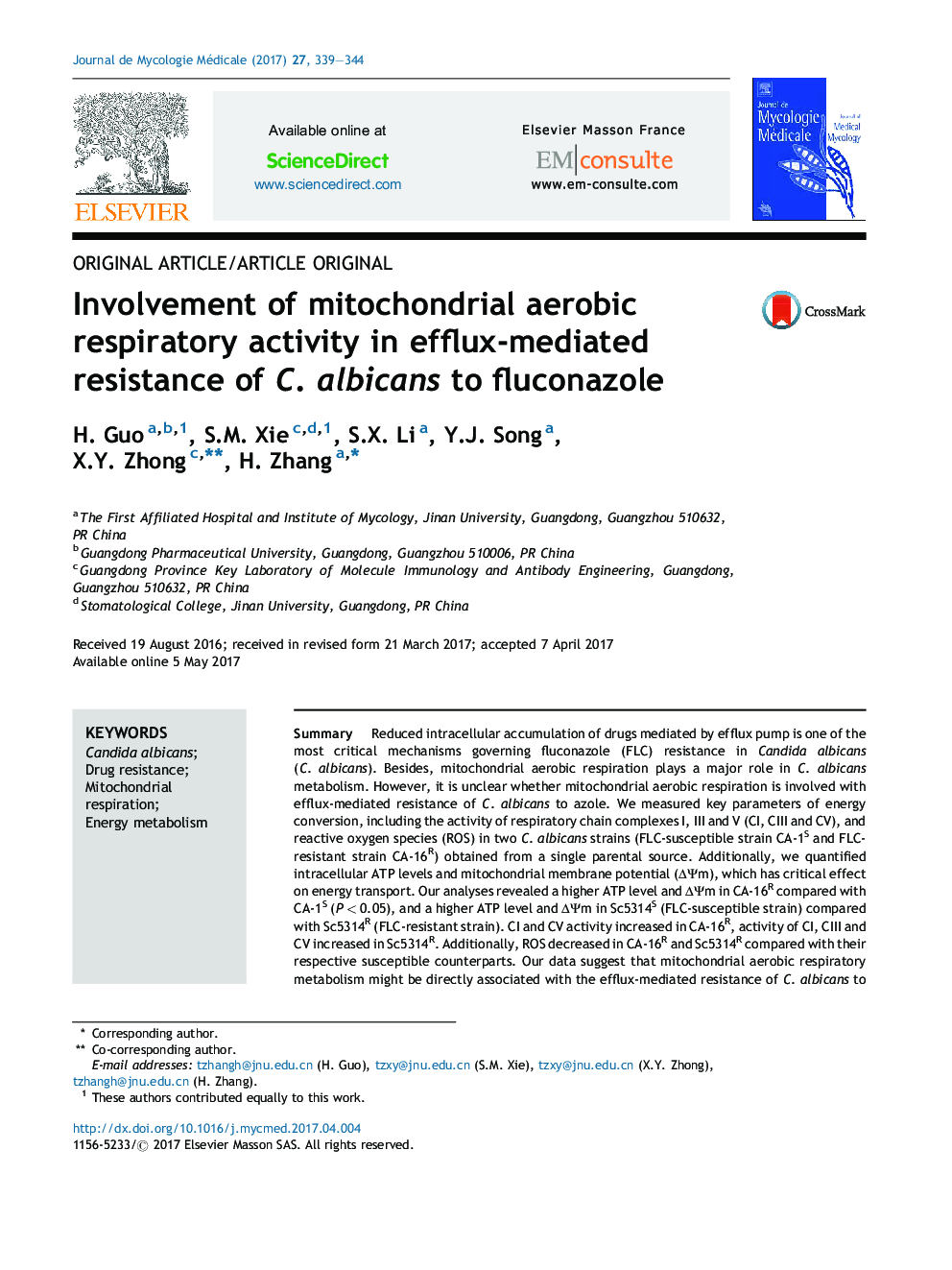 Involvement of mitochondrial aerobic respiratory activity in efflux-mediated resistance of C.Â albicans to fluconazole