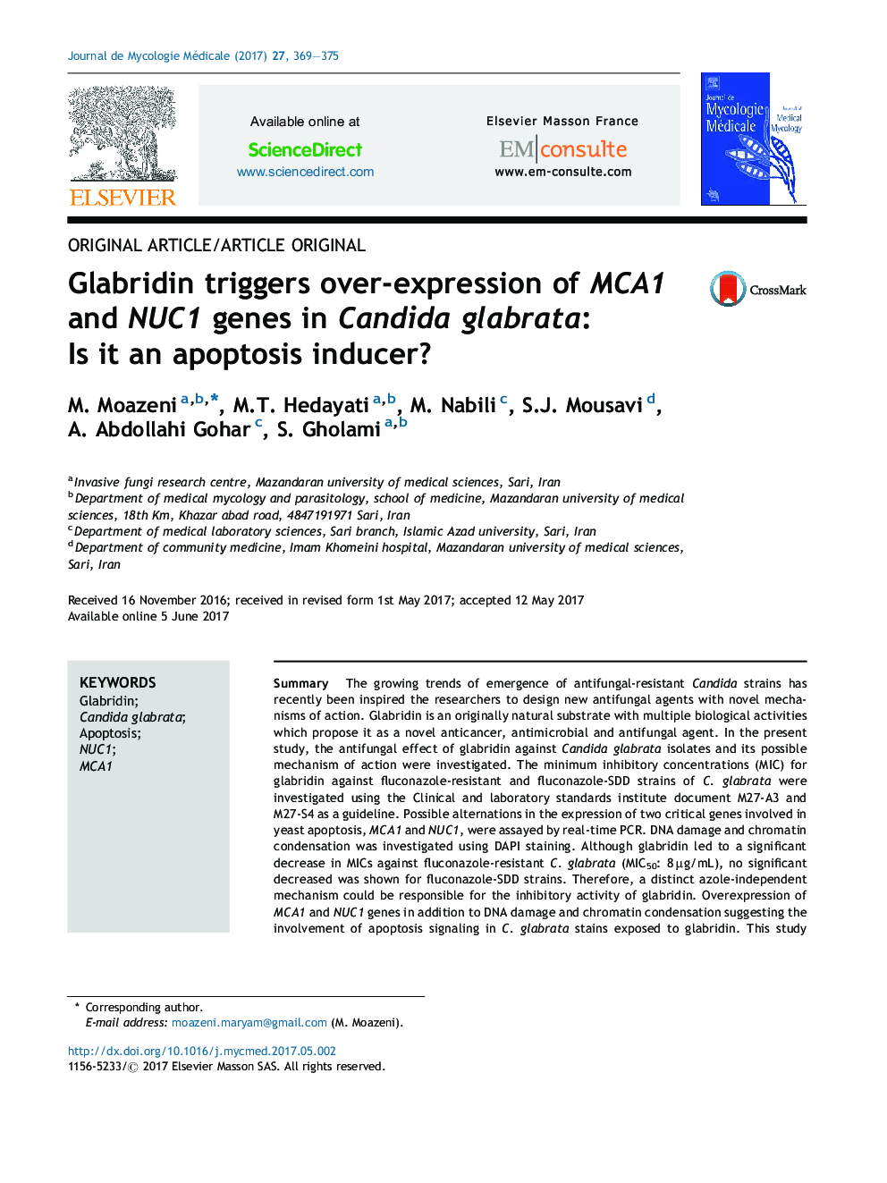 Glabridin triggers over-expression of MCA1 and NUC1 genes in Candida glabrata: Is it an apoptosis inducer?