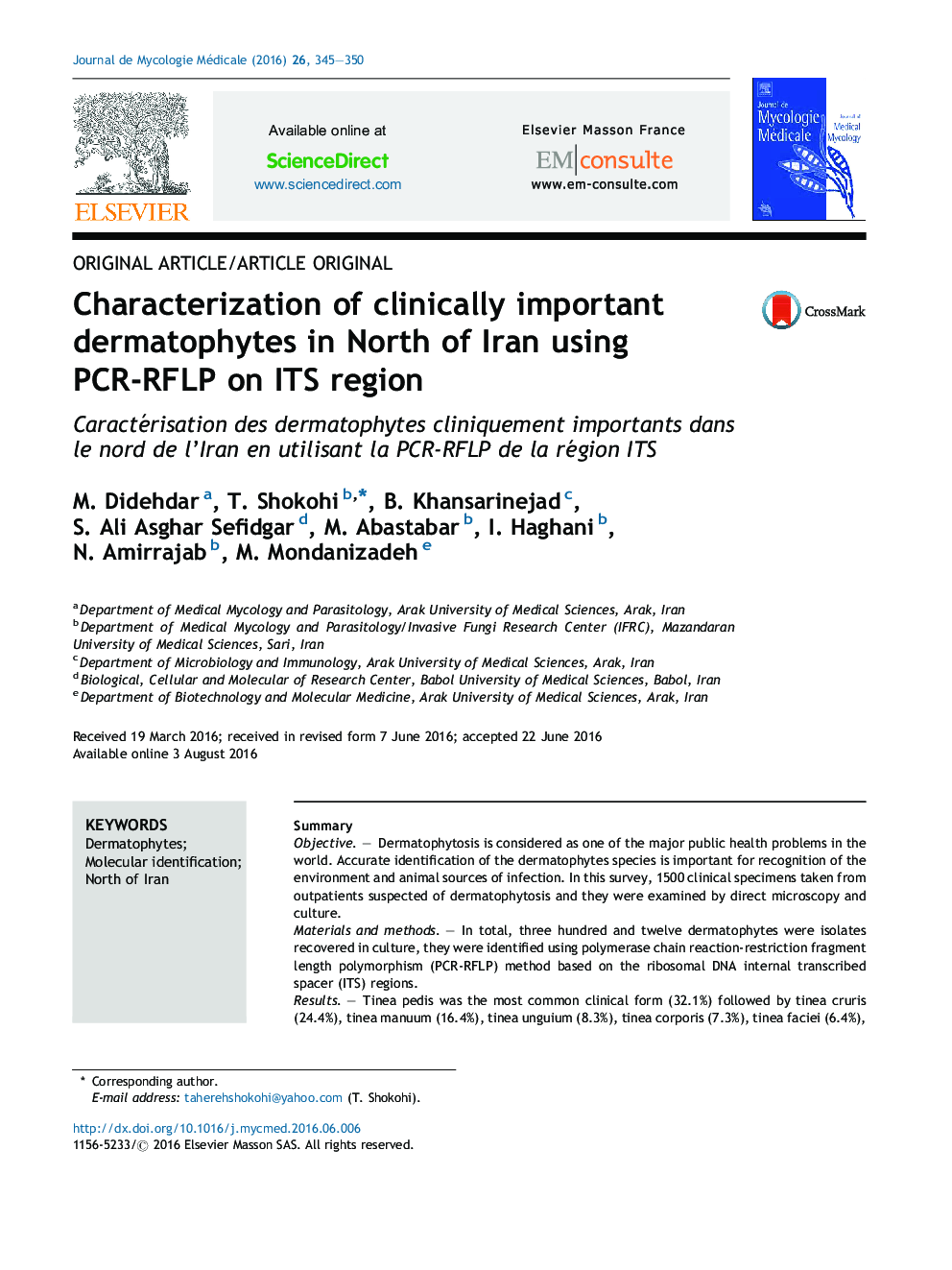 Characterization of clinically important dermatophytes in North of Iran using PCR-RFLP on ITS region