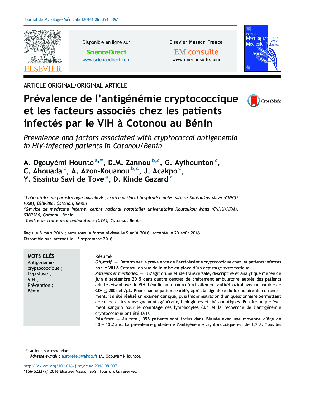 Prévalence de l'antigénémie cryptococcique et les facteurs associés chez les patients infectés par le VIH Ã  Cotonou au Bénin