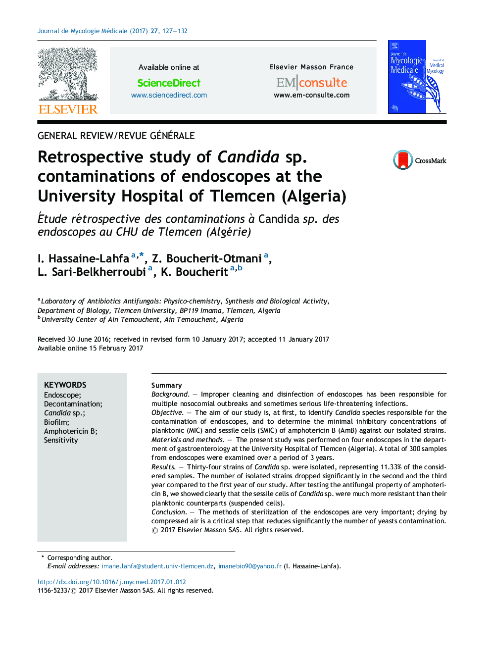Retrospective study of Candida sp. contaminations of endoscopes at the University Hospital of Tlemcen (Algeria)