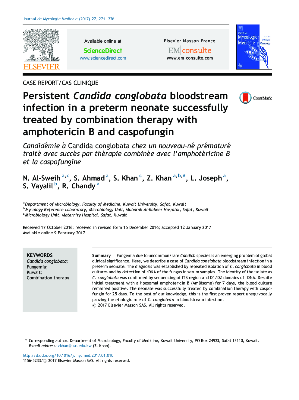 Persistent Candida conglobata bloodstream infection in a preterm neonate successfully treated by combination therapy with amphotericin B and caspofungin