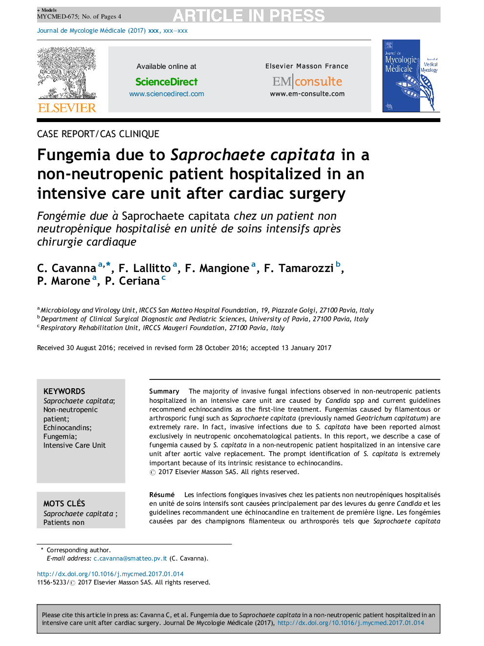 Fungemia due to Saprochaete capitata in a non-neutropenic patient hospitalized in an intensive care unit after cardiac surgery