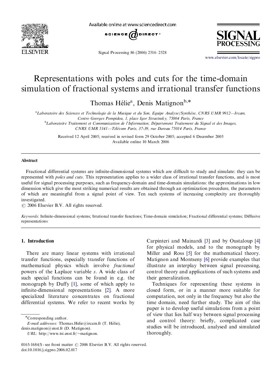 Representations with poles and cuts for the time-domain simulation of fractional systems and irrational transfer functions