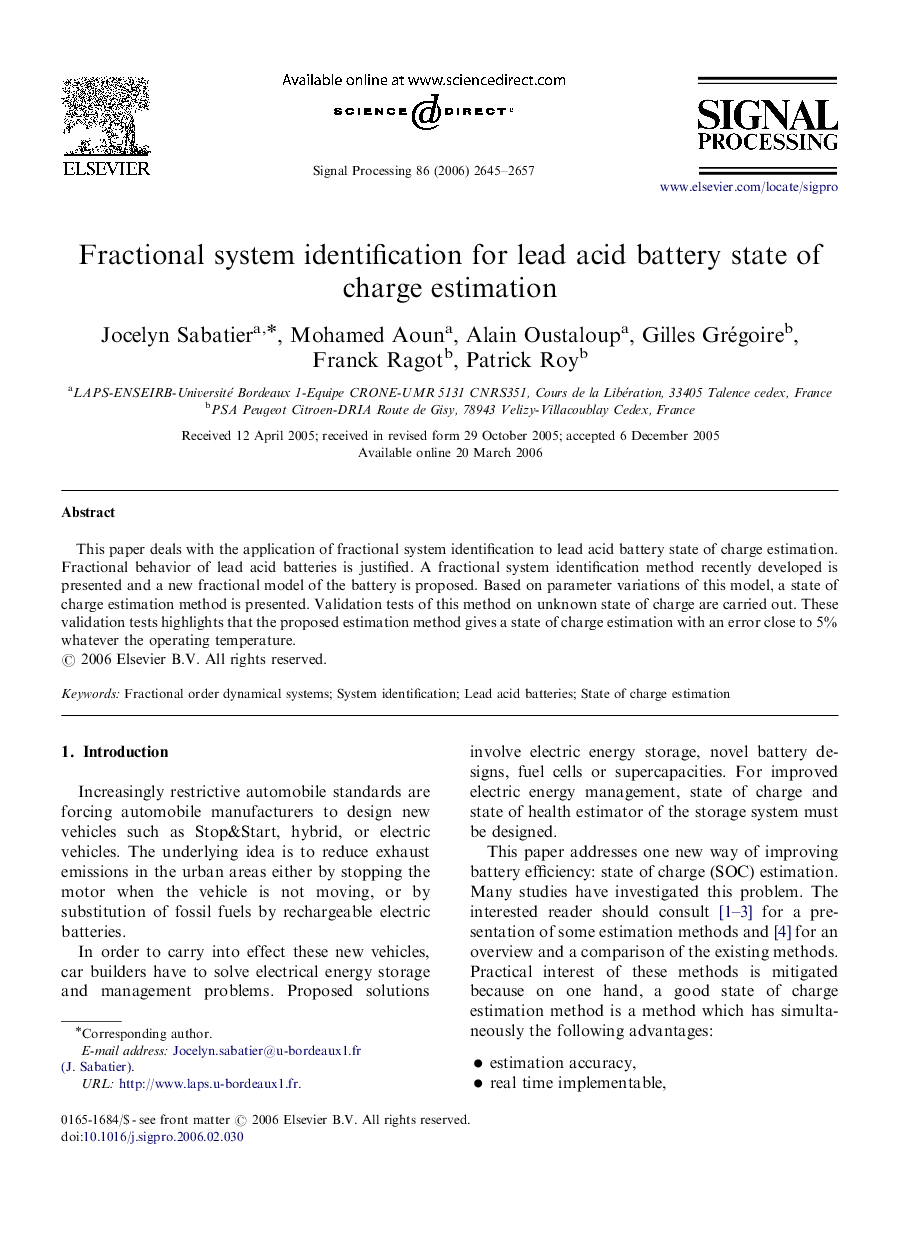 Fractional system identification for lead acid battery state of charge estimation