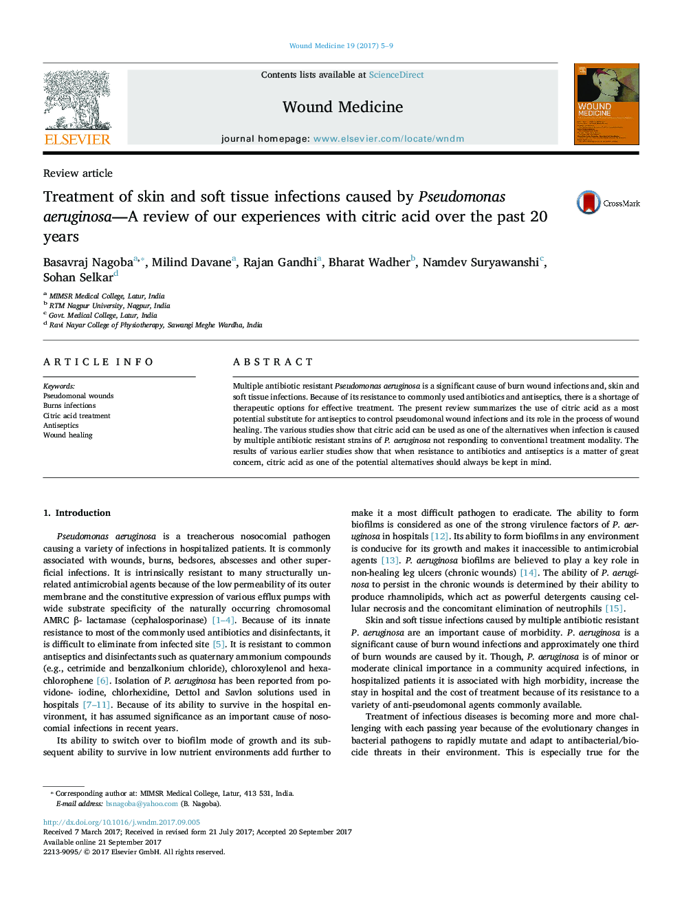 Treatment of skin and soft tissue infections caused by Pseudomonas aeruginosa-A review of our experiences with citric acid over the past 20 years
