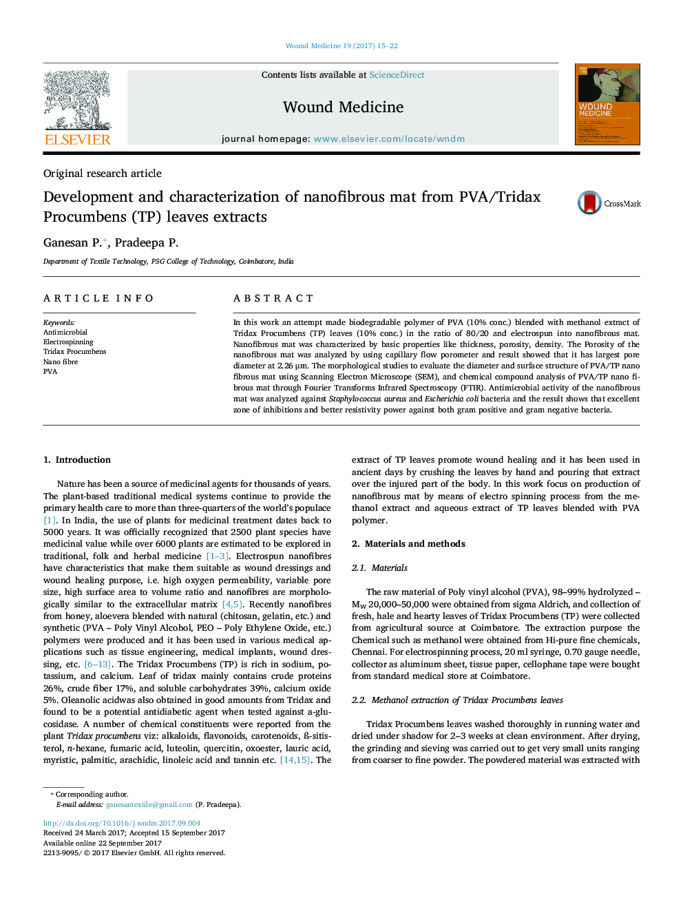 Development and characterization of nanofibrous mat from PVA/Tridax Procumbens (TP) leaves extracts