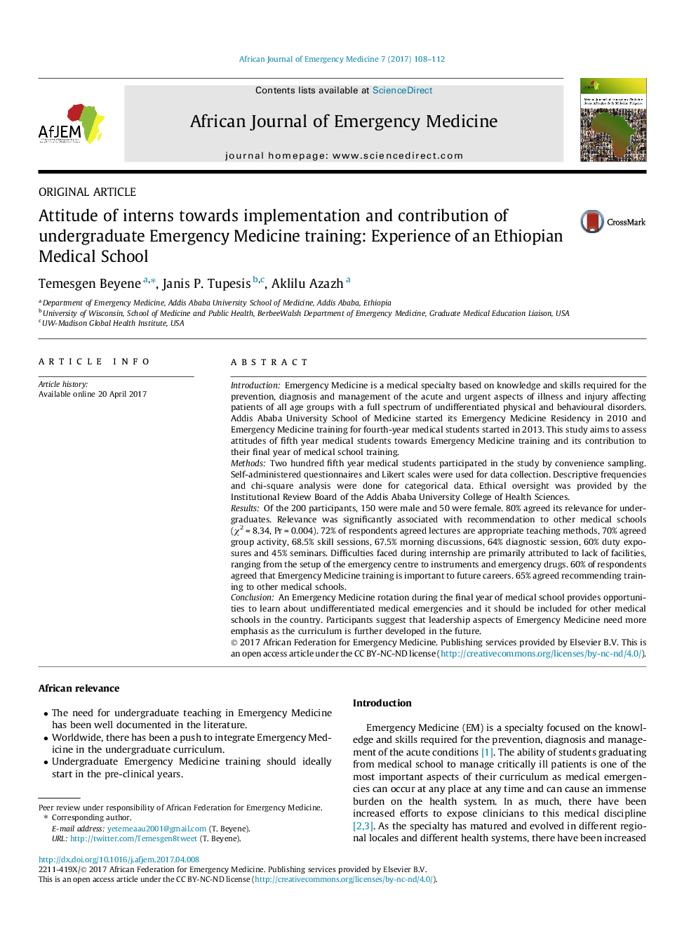 Attitude of interns towards implementation and contribution of undergraduate Emergency Medicine training: Experience of an Ethiopian Medical School