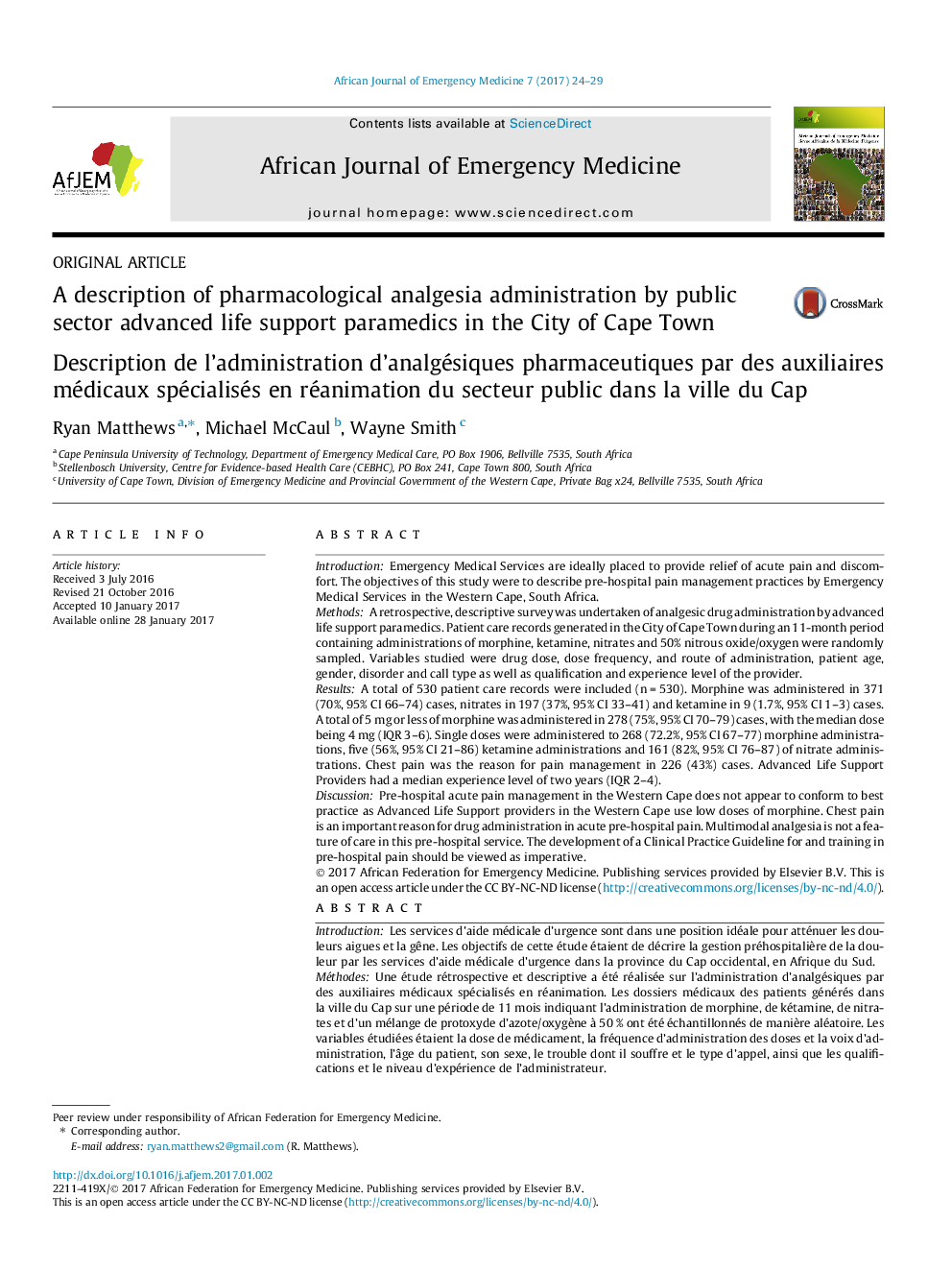 A description of pharmacological analgesia administration by public sector advanced life support paramedics in the City of Cape Town