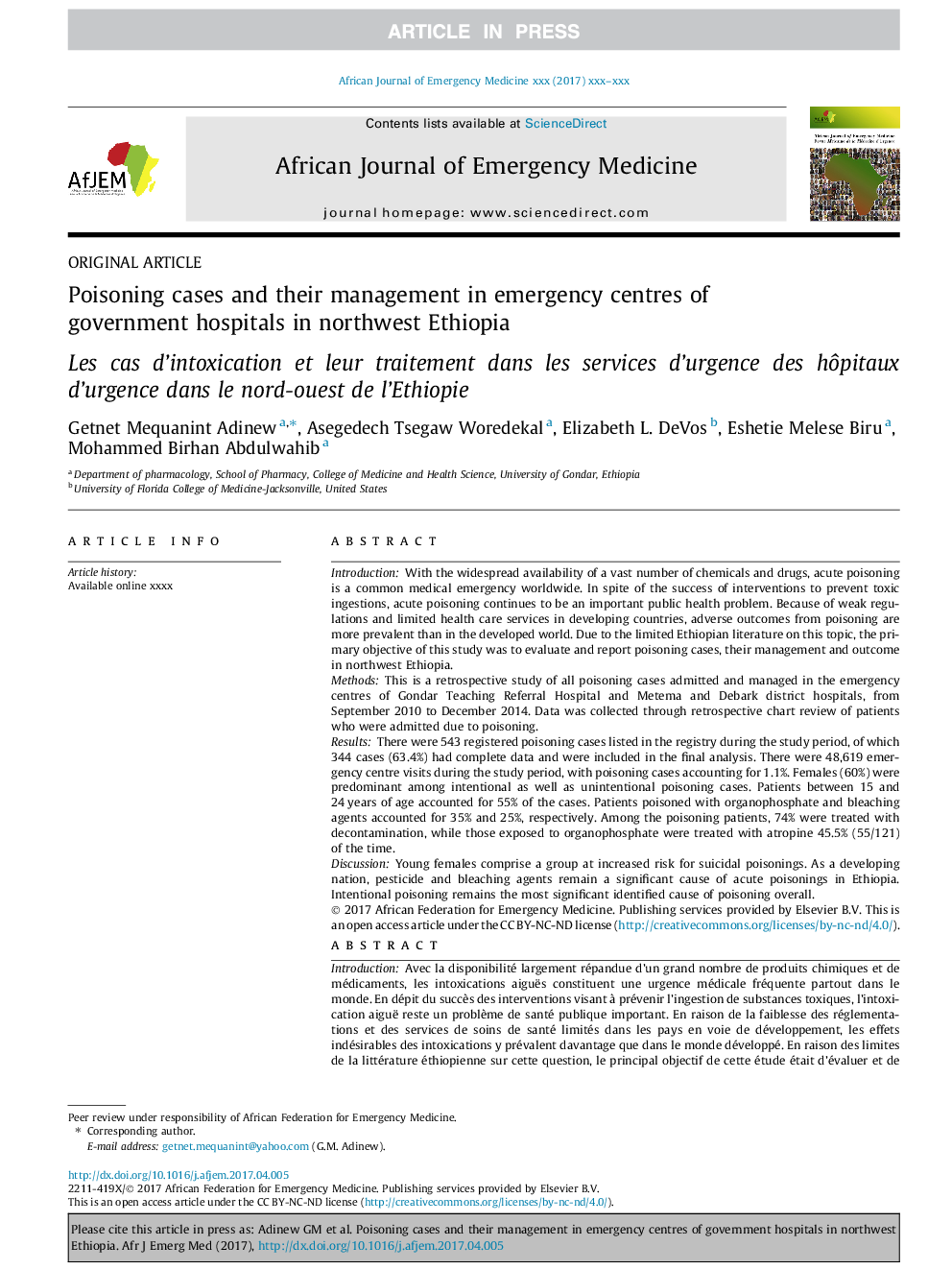 Poisoning cases and their management in emergency centres of government hospitals in northwest Ethiopia