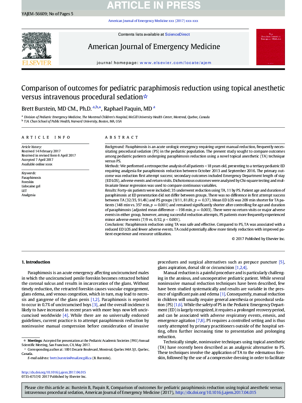 Comparison of outcomes for pediatric paraphimosis reduction using topical anesthetic versus intravenous procedural sedation