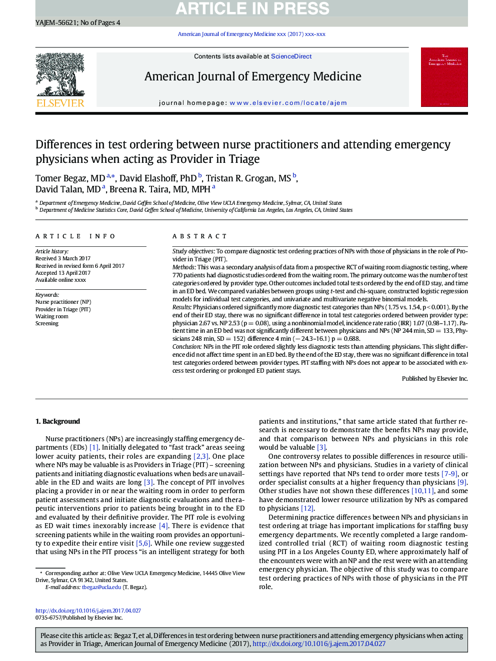 Differences in test ordering between nurse practitioners and attending emergency physicians when acting as Provider in Triage