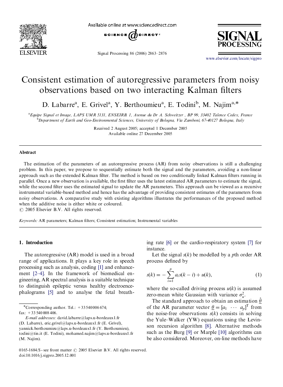 Consistent estimation of autoregressive parameters from noisy observations based on two interacting Kalman filters