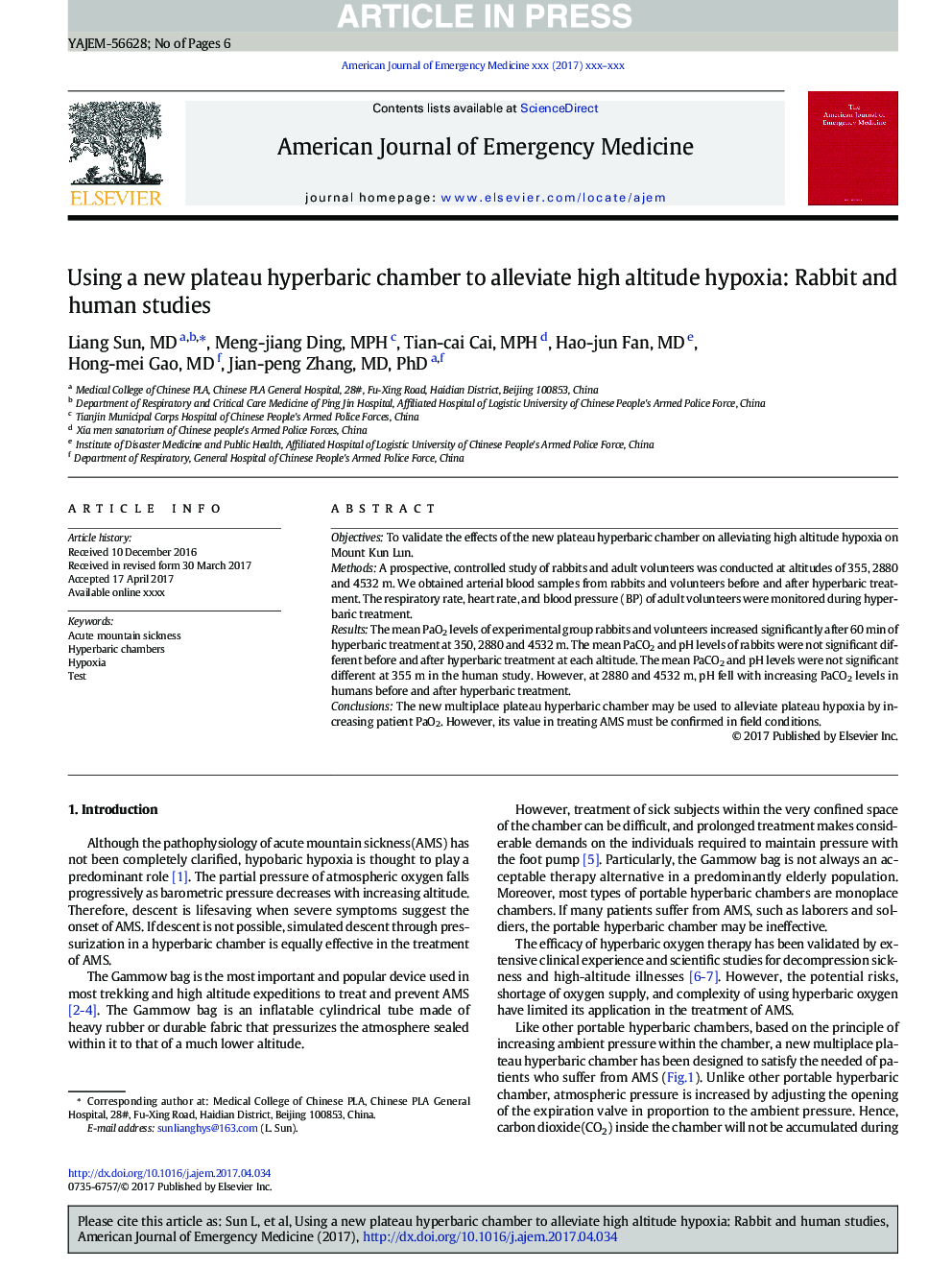 Using a new plateau hyperbaric chamber to alleviate high altitude hypoxia: Rabbit and human studies