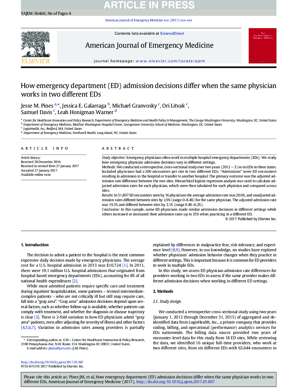 How (ED) admission decisions differ when the same physician works in two different emergency department