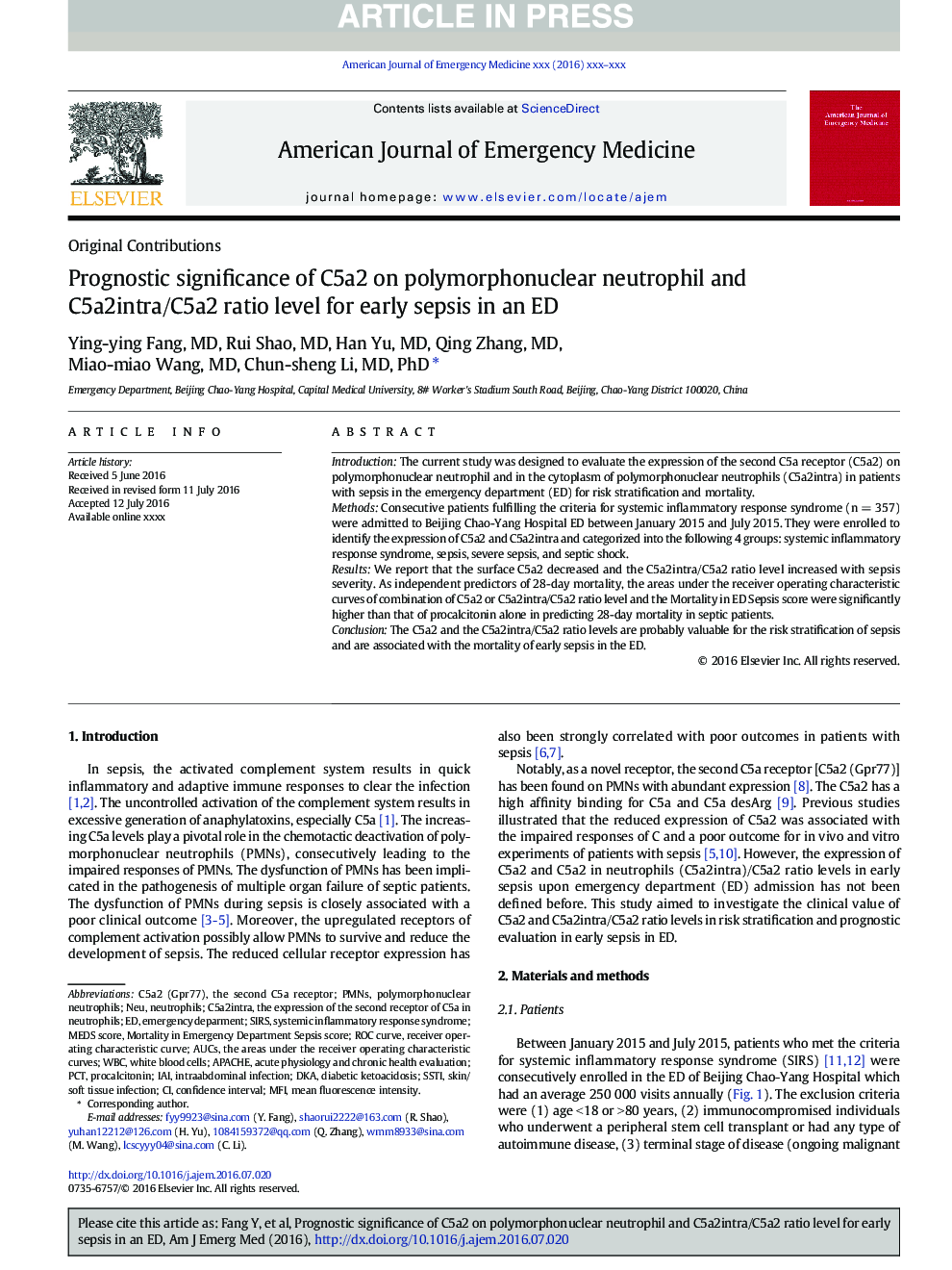 Prognostic significance of C5a2 on polymorphonuclear neutrophil and C5a2intra/C5a2 ratio level for early sepsis in an ED