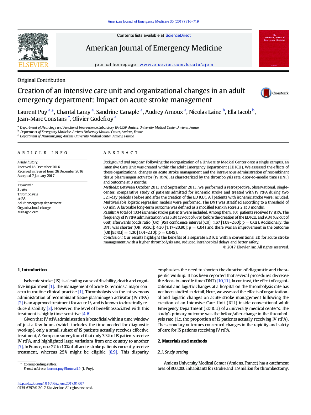 Creation of an intensive care unit and organizational changes in an adult emergency department: Impact on acute stroke management