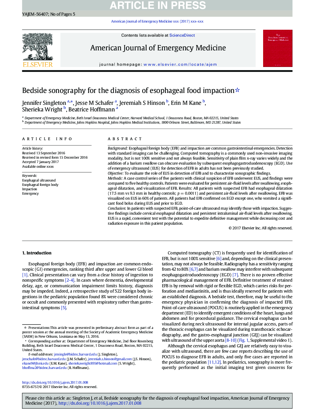 Bedside sonography for the diagnosis of esophageal food impaction