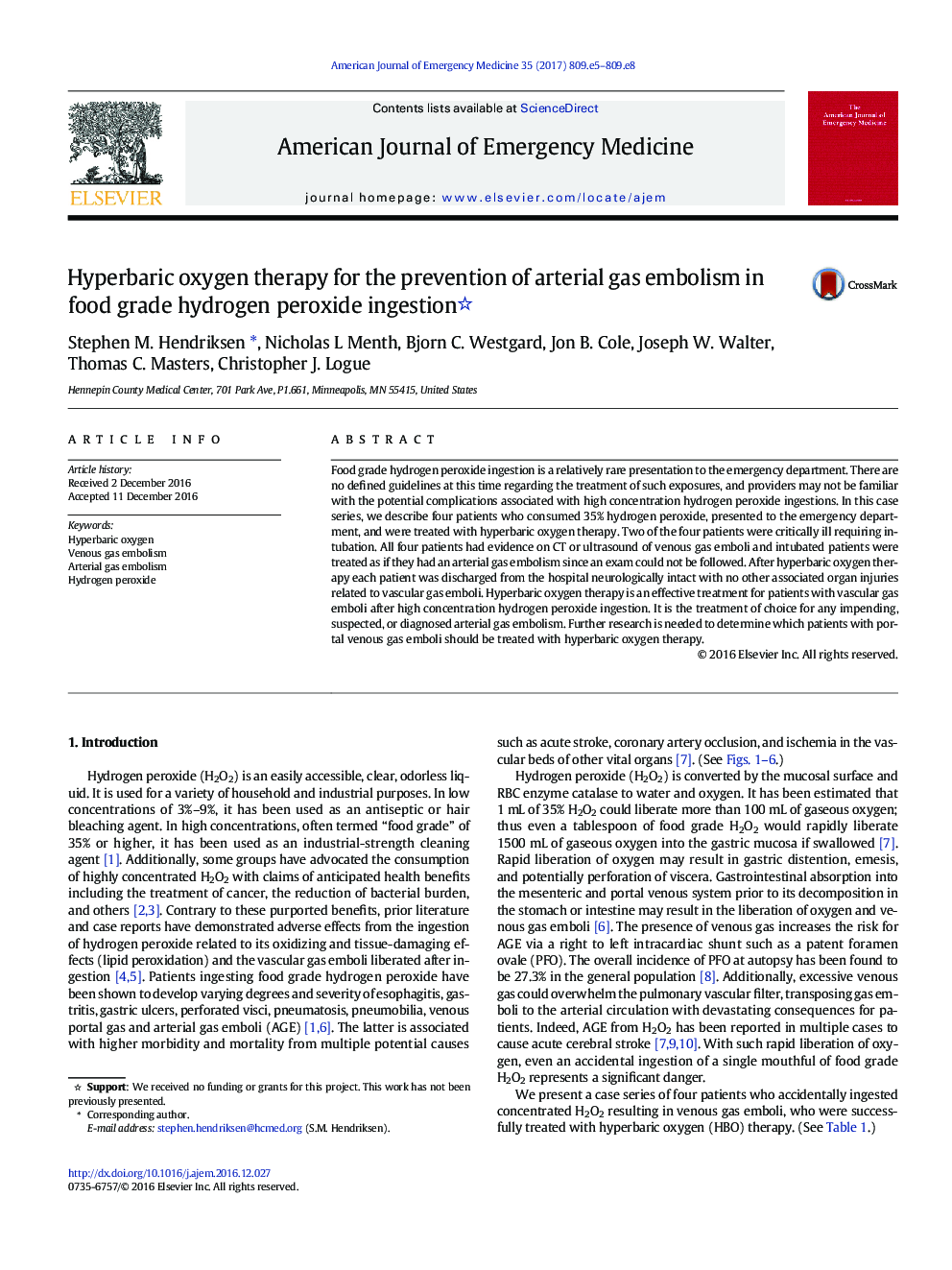 Hyperbaric oxygen therapy for the prevention of arterial gas embolism in food grade hydrogen peroxide ingestion