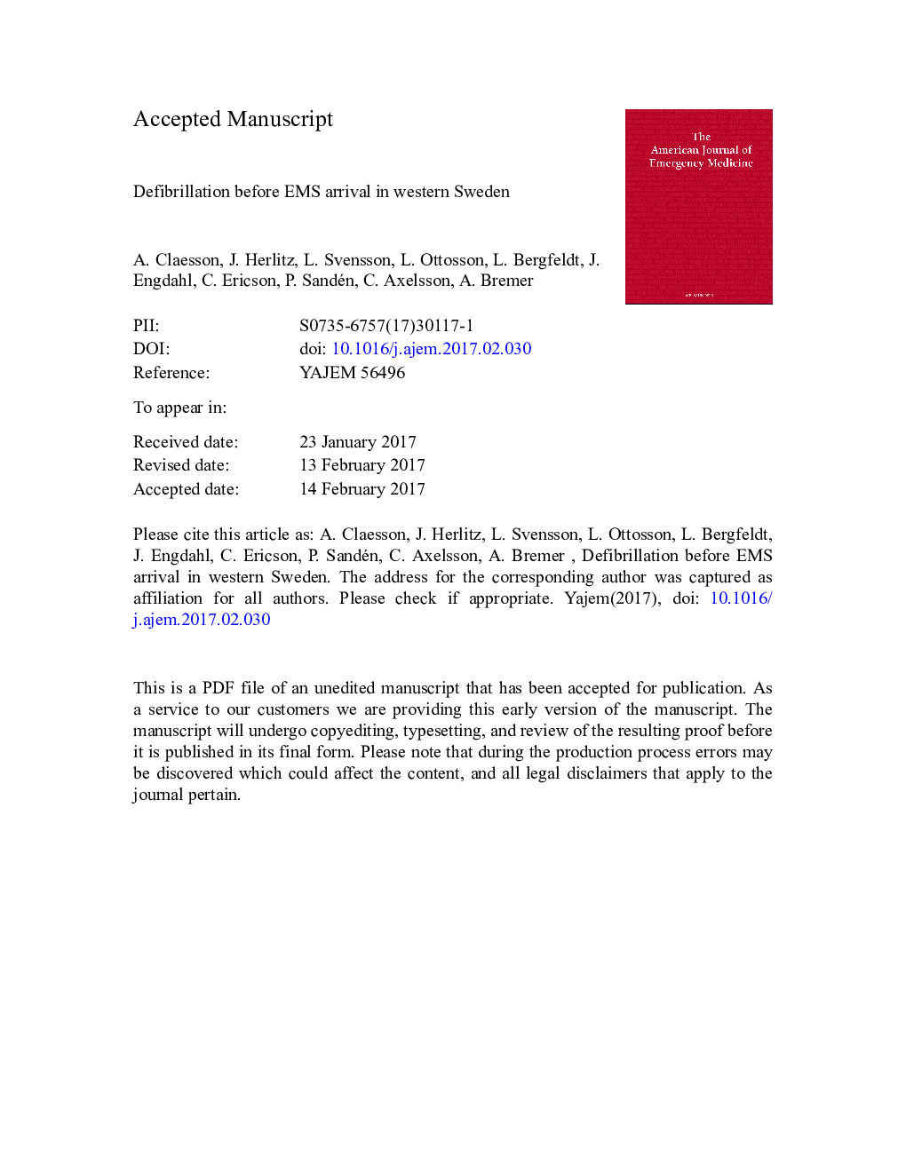 عکس صفحه اول مقاله: Defibrillation before EMS arrival in western Sweden Defibrillation before EMS arrival in western Sweden