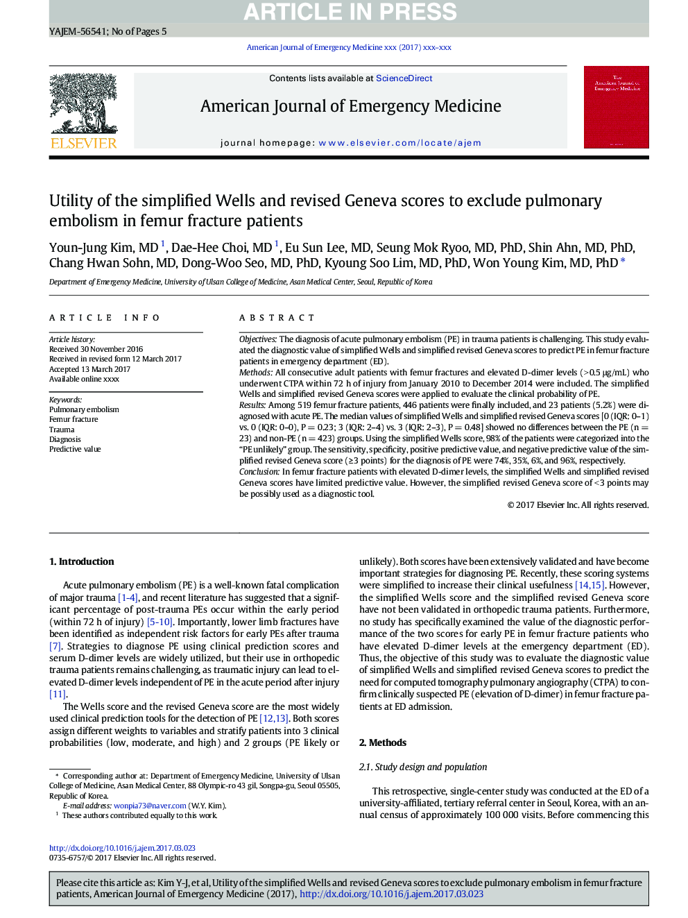 Utility of the simplified Wells and revised Geneva scores to exclude pulmonary embolism in femur fracture patients