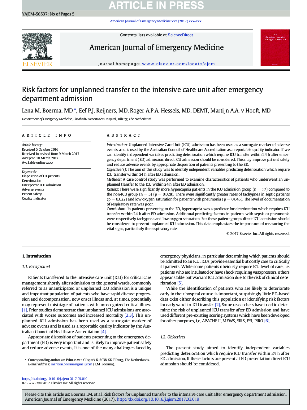 Risk factors for unplanned transfer to the intensive care unit after emergency department admission